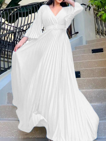 Woochic robes longue plissé ceinture v-cou manches 3/4 manches trompette élégant de soirée Blanche S